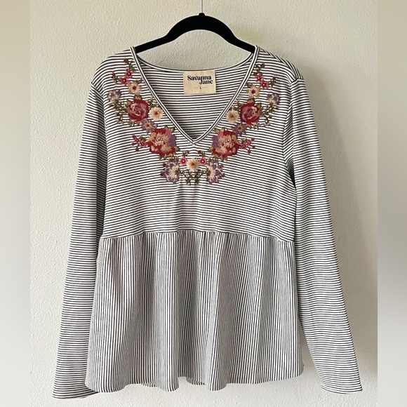 Savanna Jane Women Large White Stripe Floral Embroidered Long Sleeve Top Shirt - Picture 5 of 12